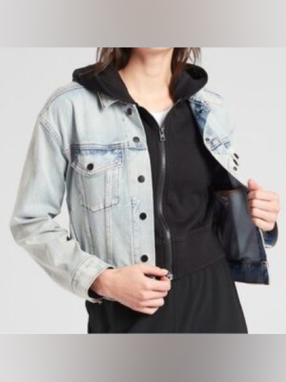 Woman light blue stretch Jean jacket with removable black hood pockets comfy